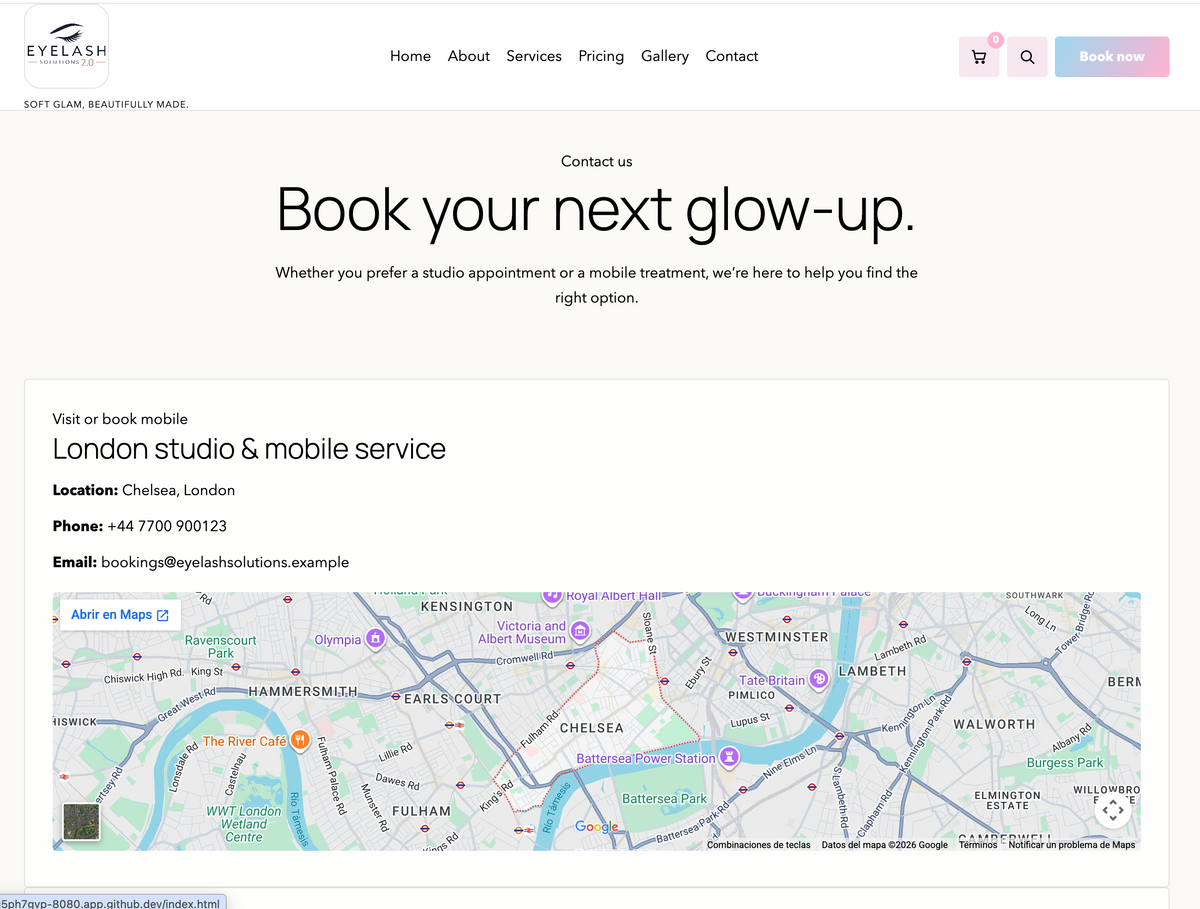 Eyelash Solutions 2.0 demo contact page showing studio and mobile service information and a London map.