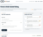 A screenshot of the SiteGuard website audit dashboard showing a 'Know what needs fixing.' section with form fields for website URL and maximum pages, plus a findings panel with context and status tags.